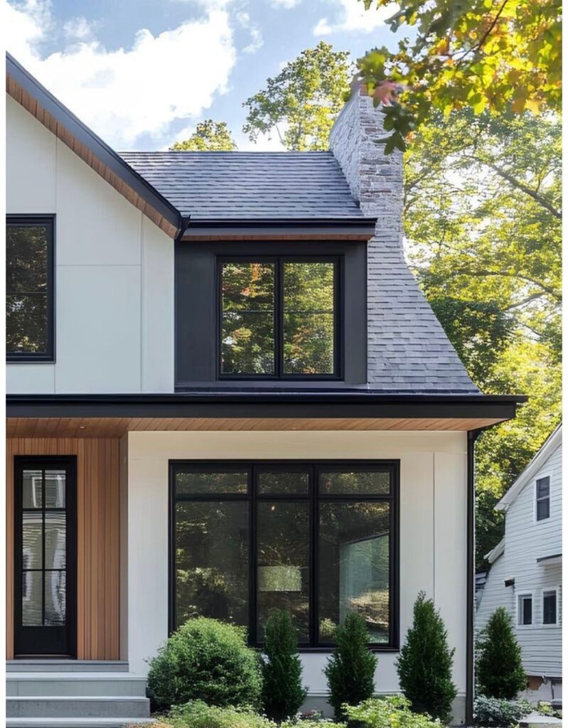 Modern home exterior with black windows and white siding