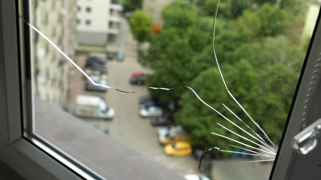 Broken window glass with cracks, looking out at street.