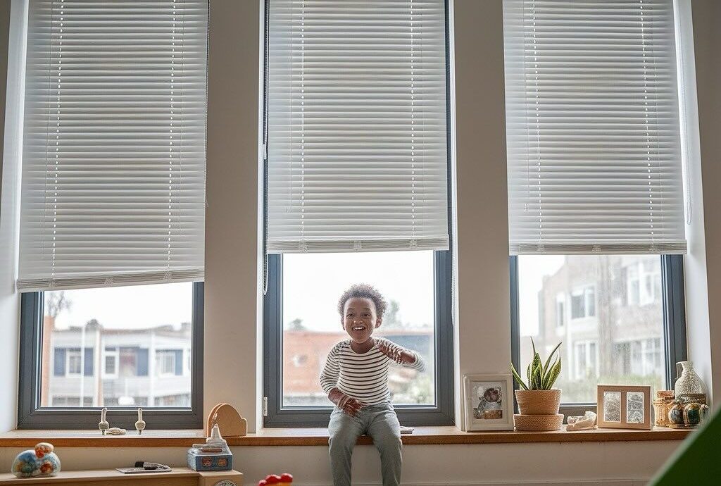 Happy child sitting on window sill with modern blinds