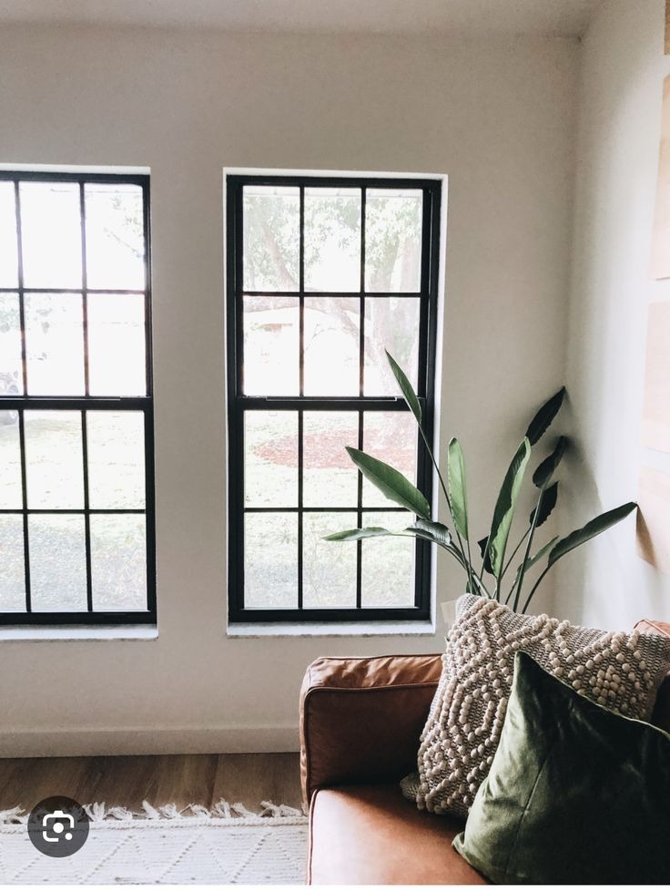 Modern living room with black grid windows and natural light