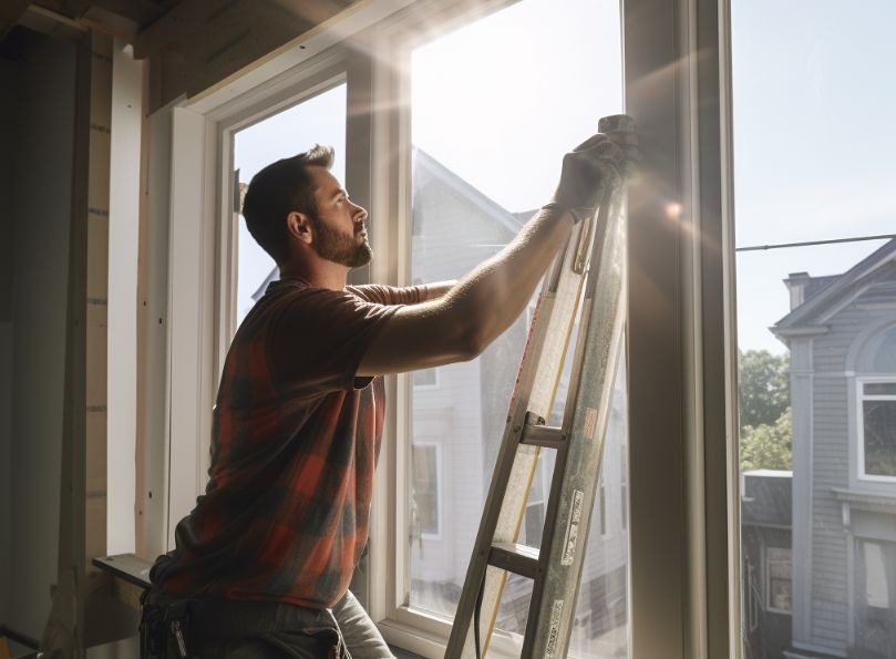 Contractor installing new window, bright sunny day, home renovation.