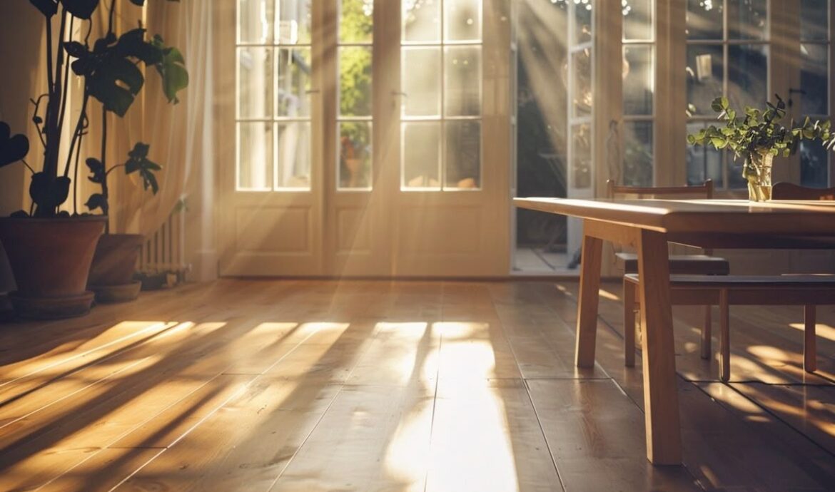 Sunny dining room with plants, light wood floors.