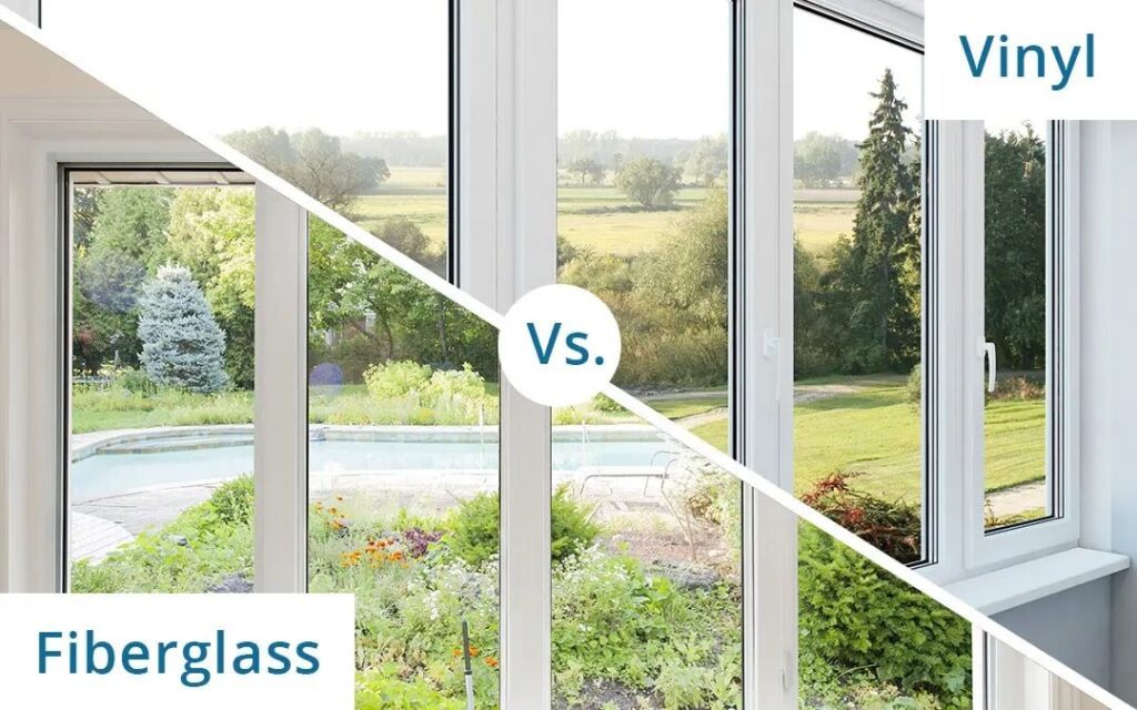 Fiberglass vs. Vinyl windows: a visual comparison graphic.