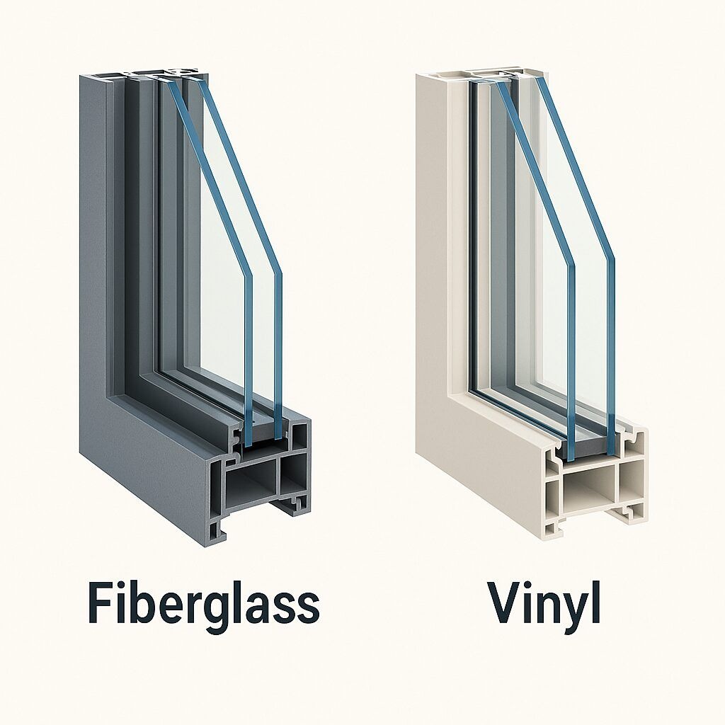 Fiberglass vs. Vinyl window frame cross-section comparison diagram.
