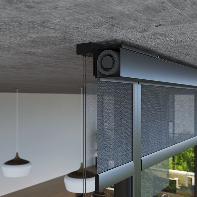 Modern ceiling-mounted roller shade system for large glass windows